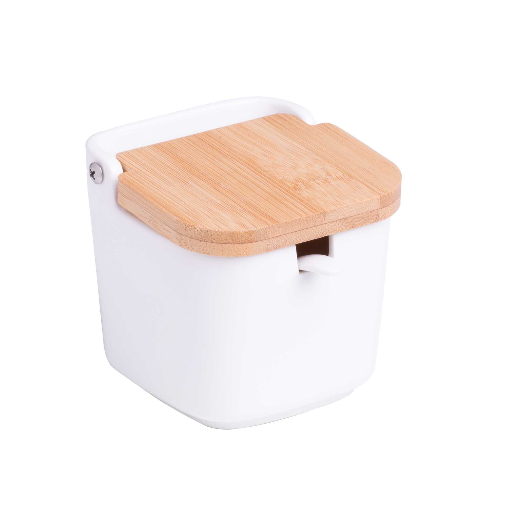 Saleiro de Mesa em Cerâmica com Tampa de Madeira e Colher Branco 9cm - Ela Decora