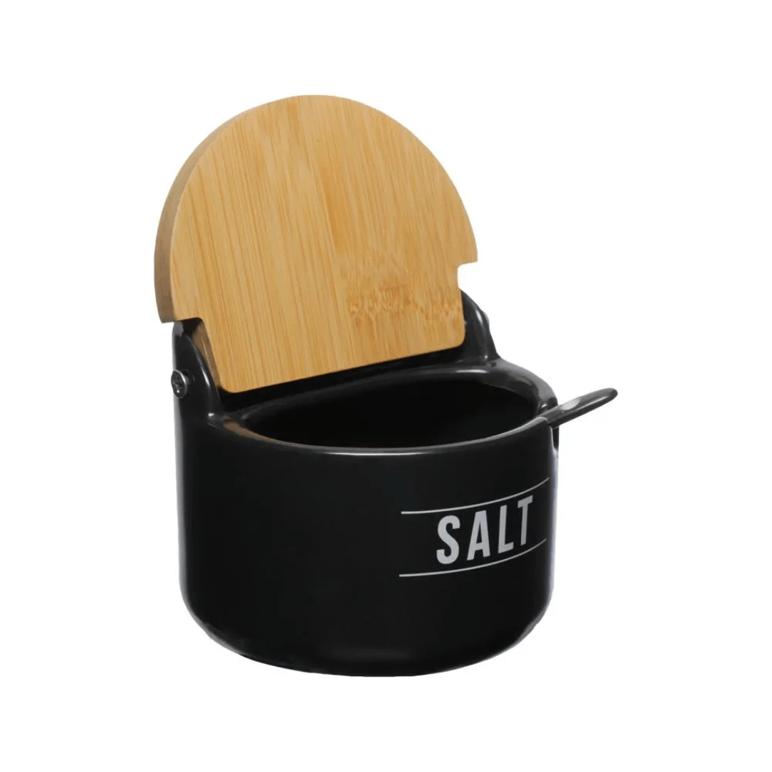 Saleiro de Porcelana com Colher Manhattan Preto 290ml - Ela Decora