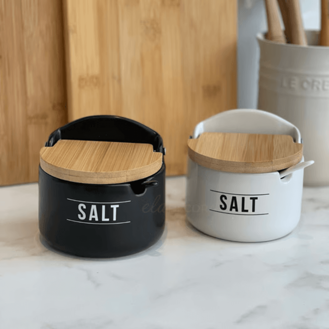 Saleiro de Porcelana com Colher Manhattan Preto 290ml - Ela Decora