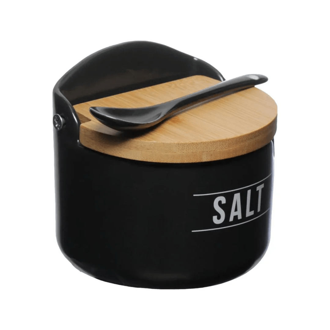 Saleiro de Porcelana com Colher Manhattan Preto 290ml - Ela Decora