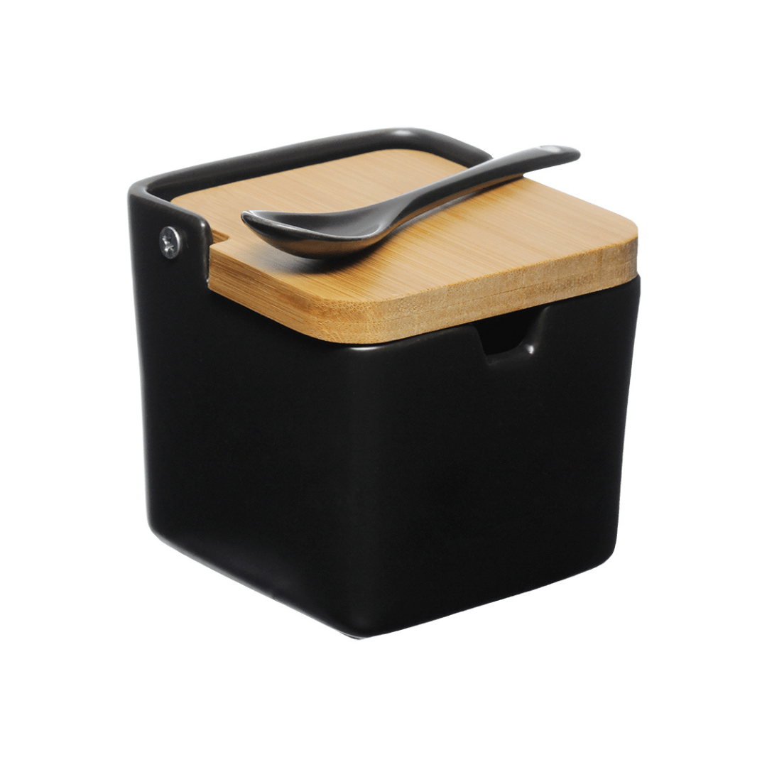 Saleiro de Porcelana Manhattan Preto com Tampa de Bambu 270ml - Ela Decora