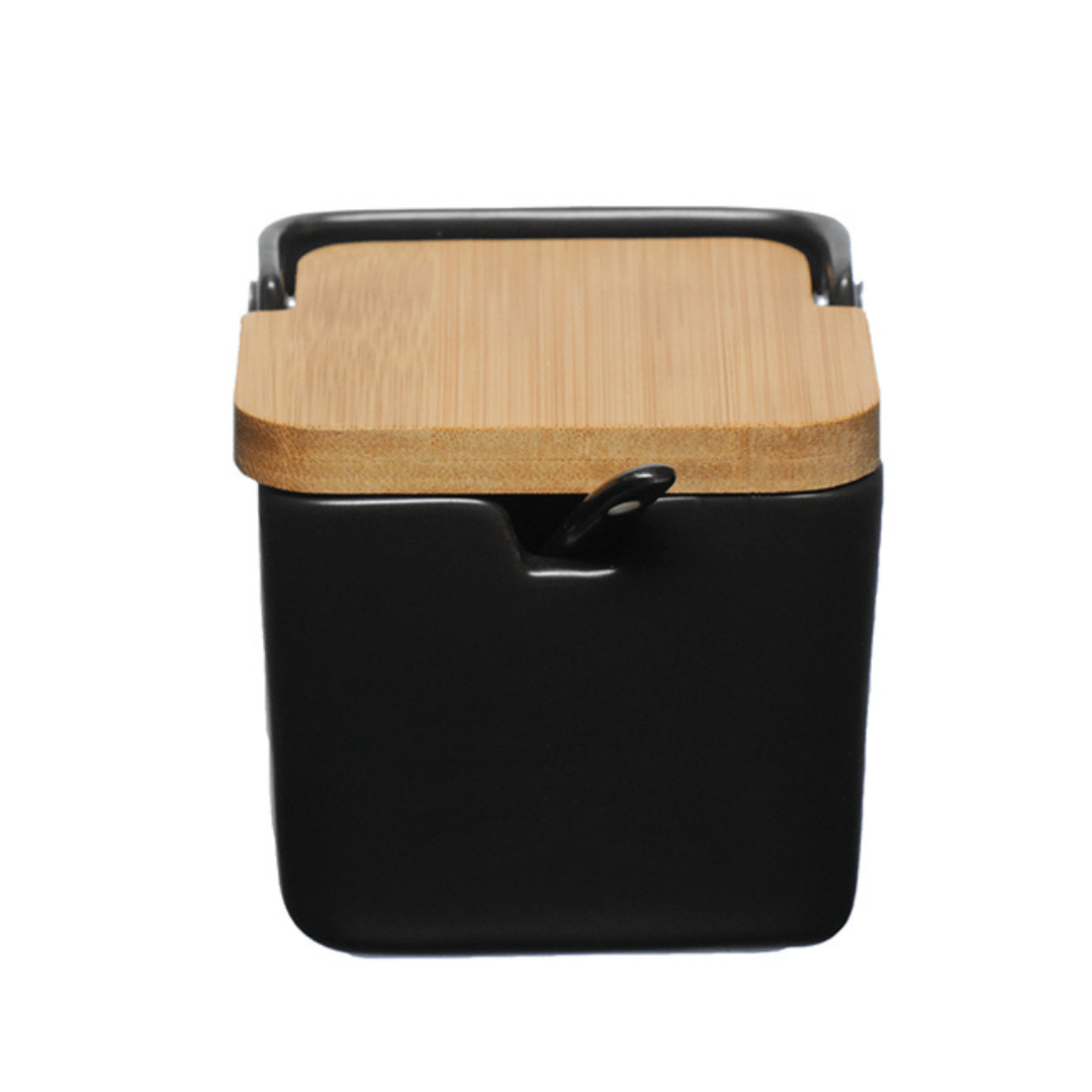 Saleiro de Porcelana Manhattan Preto com Tampa de Bambu 270ml - Ela Decora