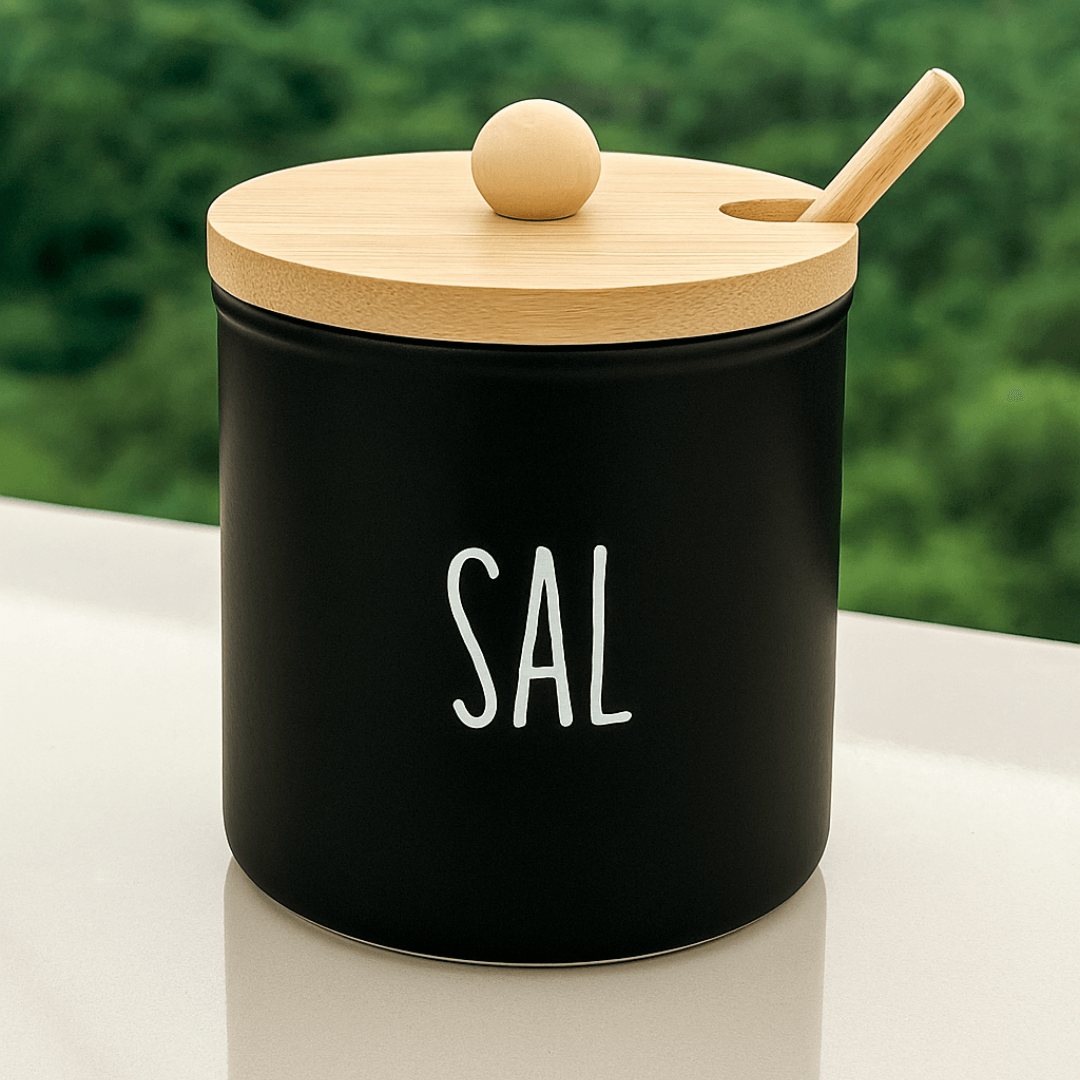 Saleiro de Vidro Preto Doha com Colher e Tampa de Bambu 300ml - Ela Decora
