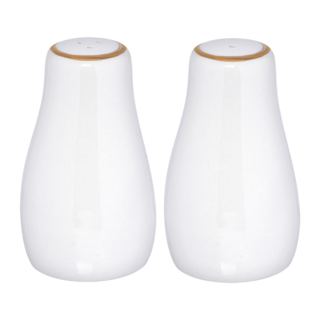 Saleiro e Pimenteiro Royal Porcelana Branco e Borda Dourada 2 Peças - Ela Decora