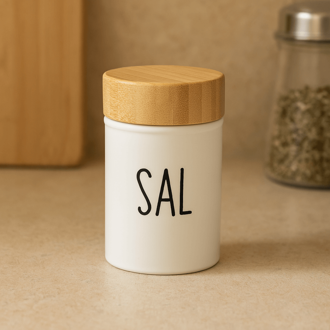 saleiro branco com tampa de madeira bambu natural