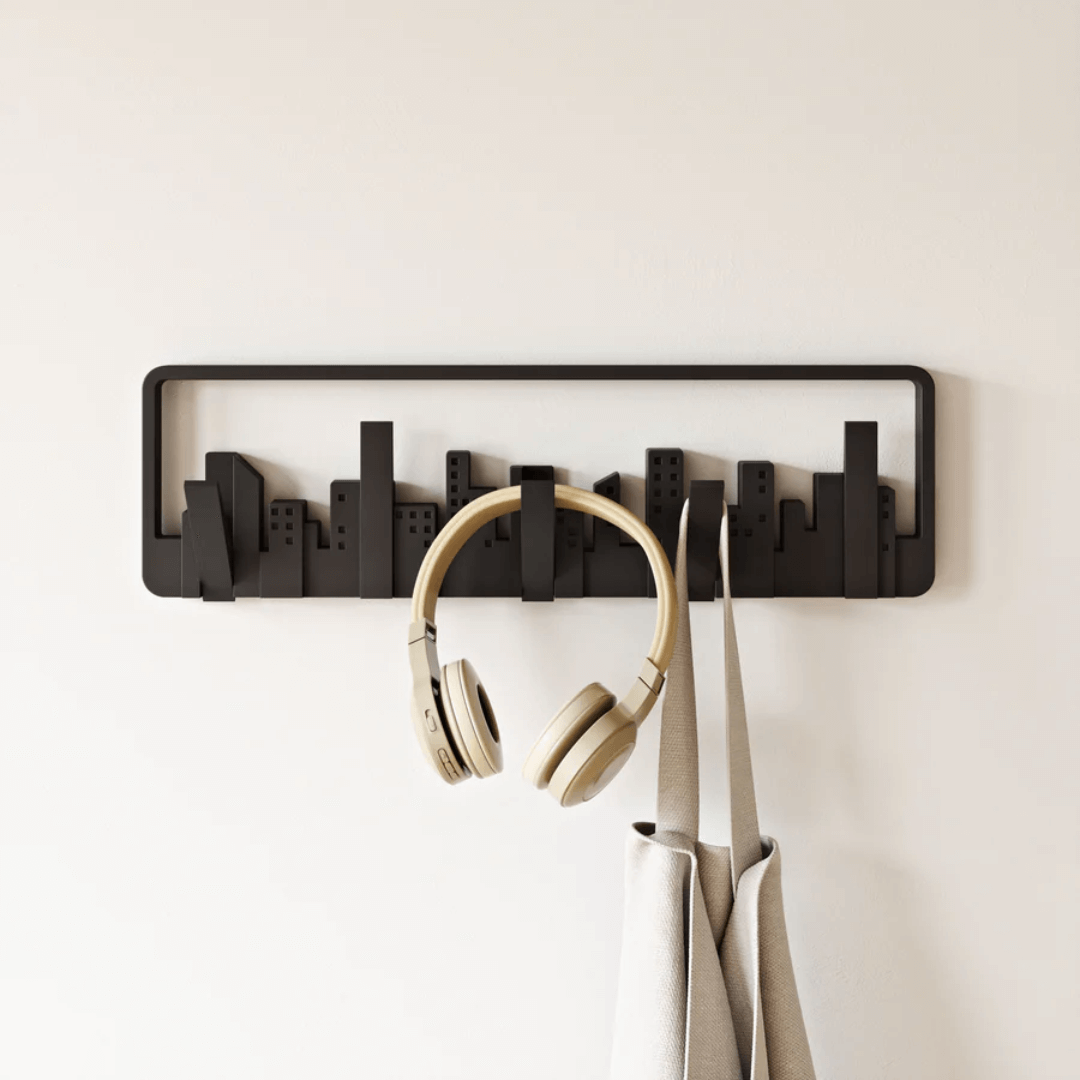 Skyline Cabideiro de Parede Cidade Preto com 5 Ganchos - Ela Decora