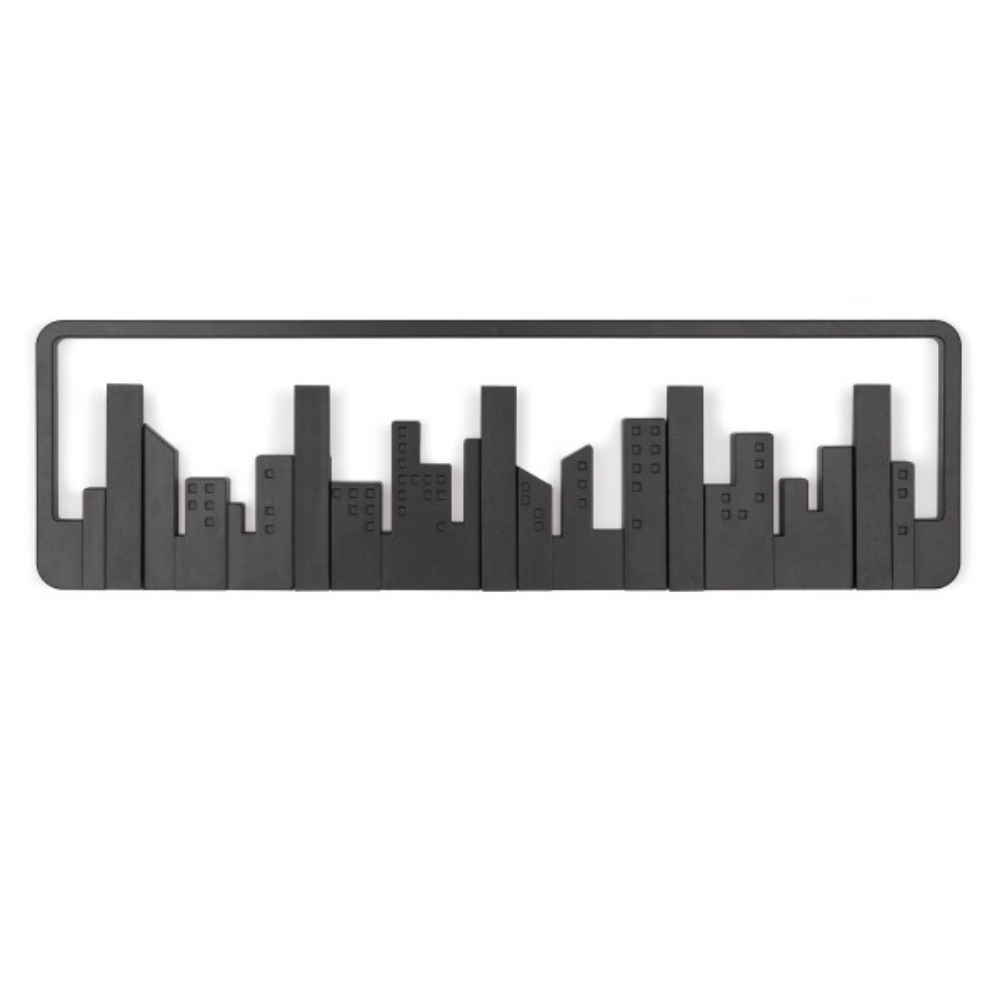 Skyline Cabideiro de Parede Cidade Preto com 5 Ganchos - Ela Decora