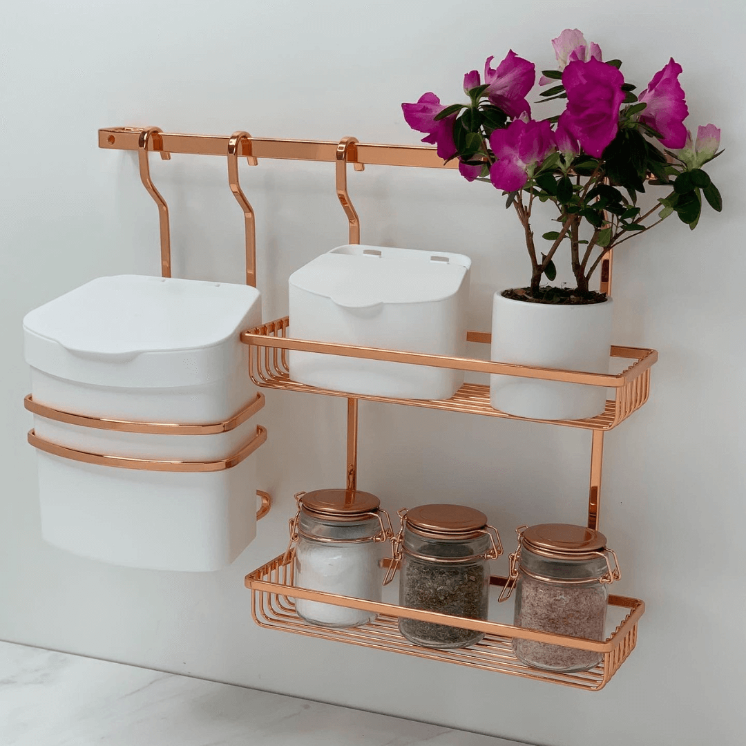 Suporte Cesto Retangular Duplo Para Barra Rose Gold - Ela Decora