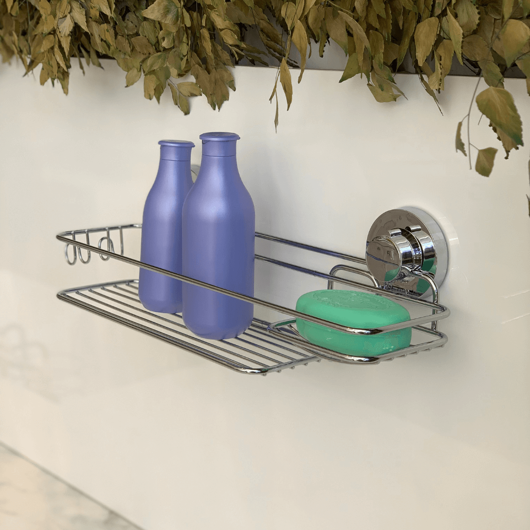 Suporte de Parede Com Ventosa Para Shampoo e Sabonete Cromado - Ela Decora