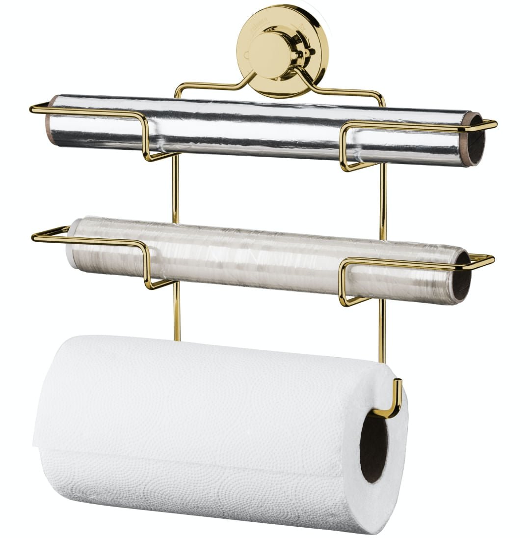 Suporte de Rolos Triplo para Papel Toalha/Alumínio/PVC com Ventosa Dourado - Ela Decora