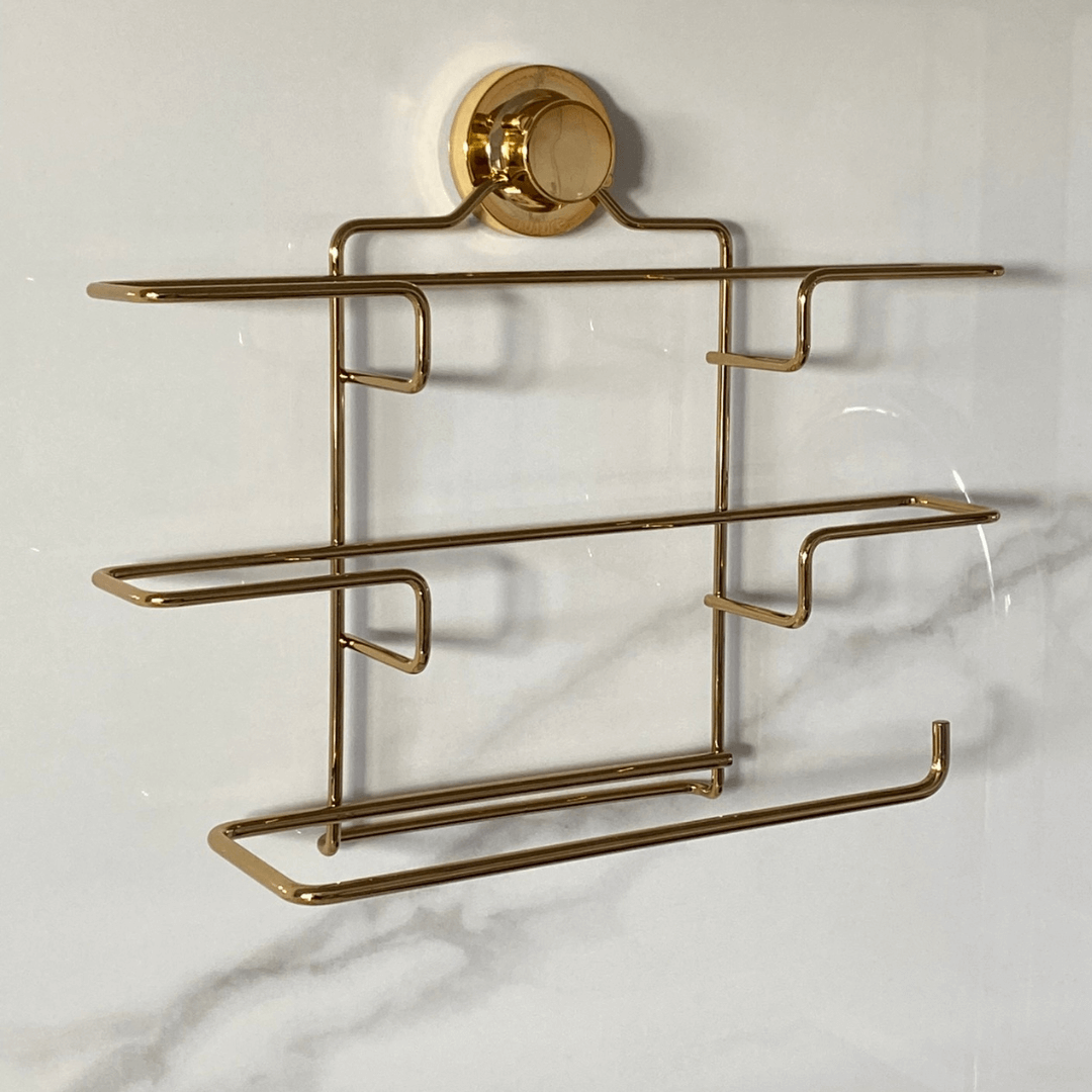 Suporte de Rolos Triplo para Papel Toalha/Alumínio/PVC com Ventosa Dourado - Ela Decora