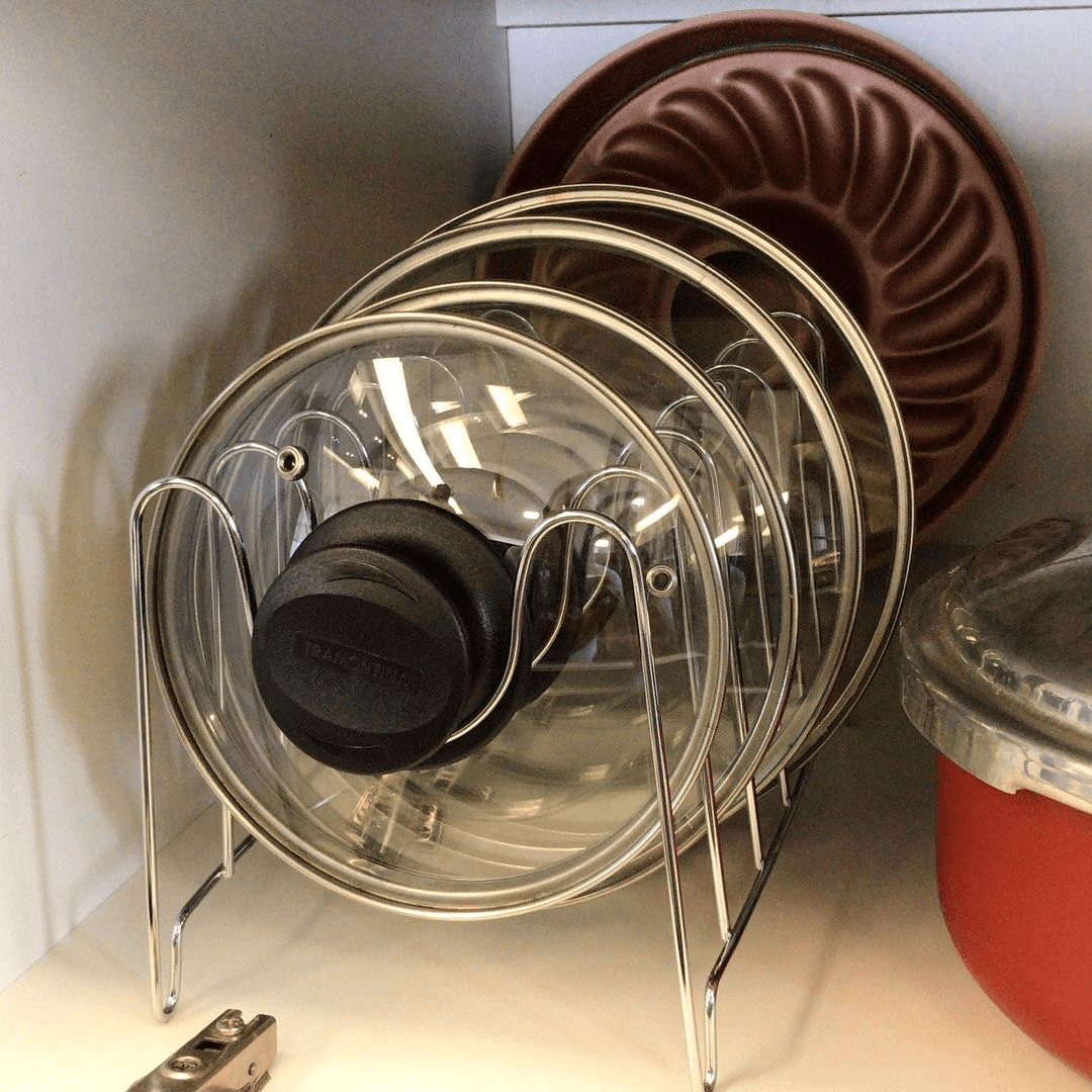 Suporte Organizador De Tampas De Apoiar Armário Cromado - Ela Decora