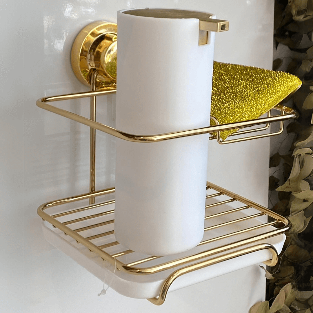 Suporte Para Detergente e Esponja com Fixação por Ventosa Dourado - Ela Decora