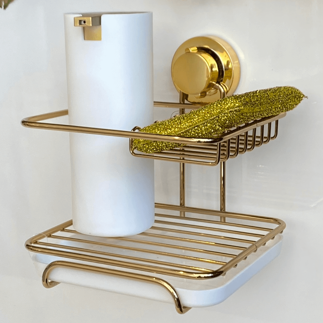 Suporte Para Detergente e Esponja com Fixação por Ventosa Dourado - Ela Decora