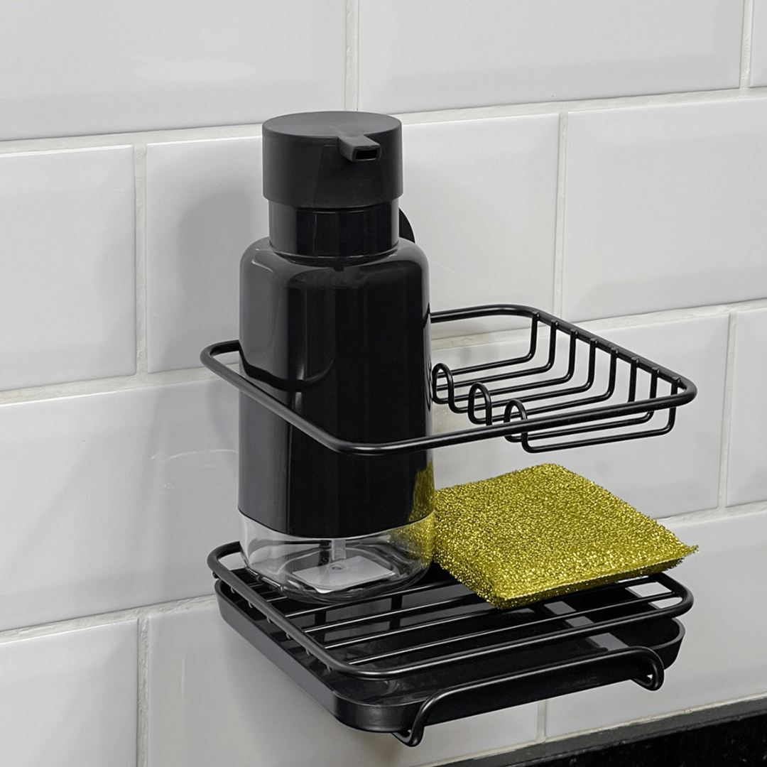 Suporte Para Detergente e Esponja com Fixação por Ventosa Preto Fosco - Ela Decora