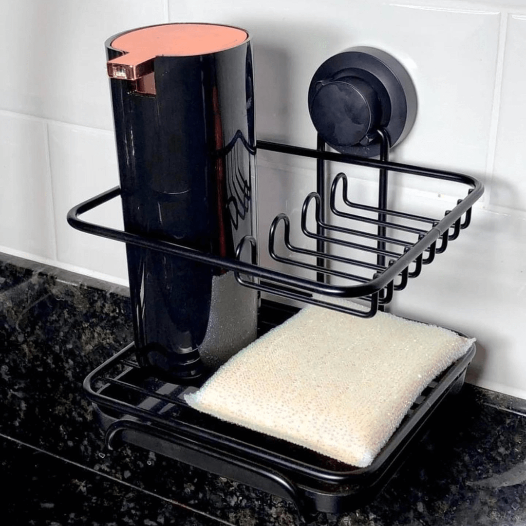 Suporte Para Detergente e Esponja com Fixação por Ventosa Preto Fosco - Ela Decora
