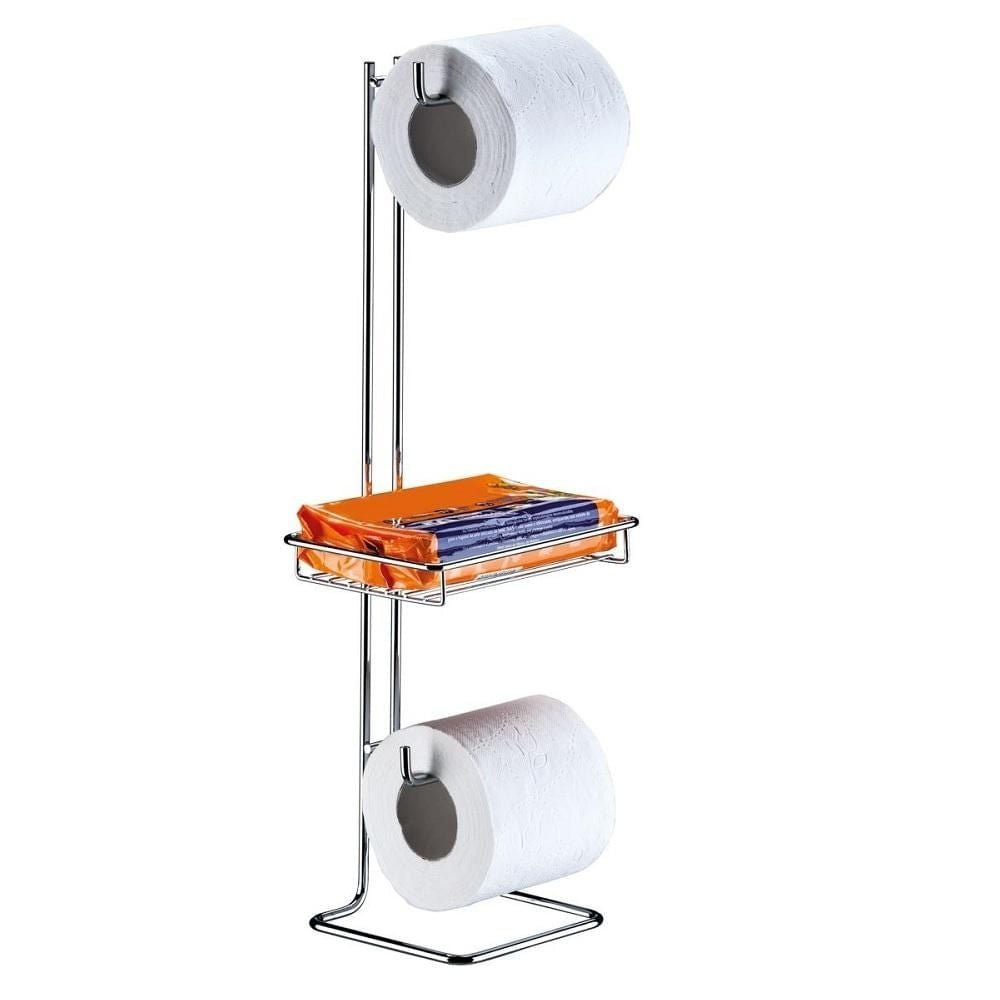 Suporte para Papel Higiênico Chão Duplo Com Porta Objeto Cromado - Ela Decora