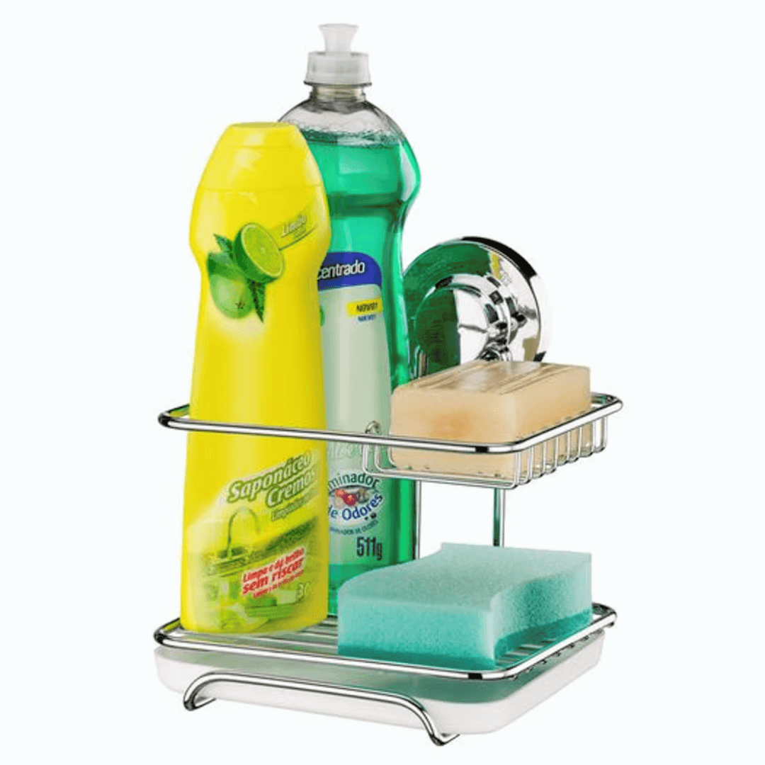 Suporte para Sabão Detergente e Esponja com Fixação por Ventosa Cromado - Ela Decora