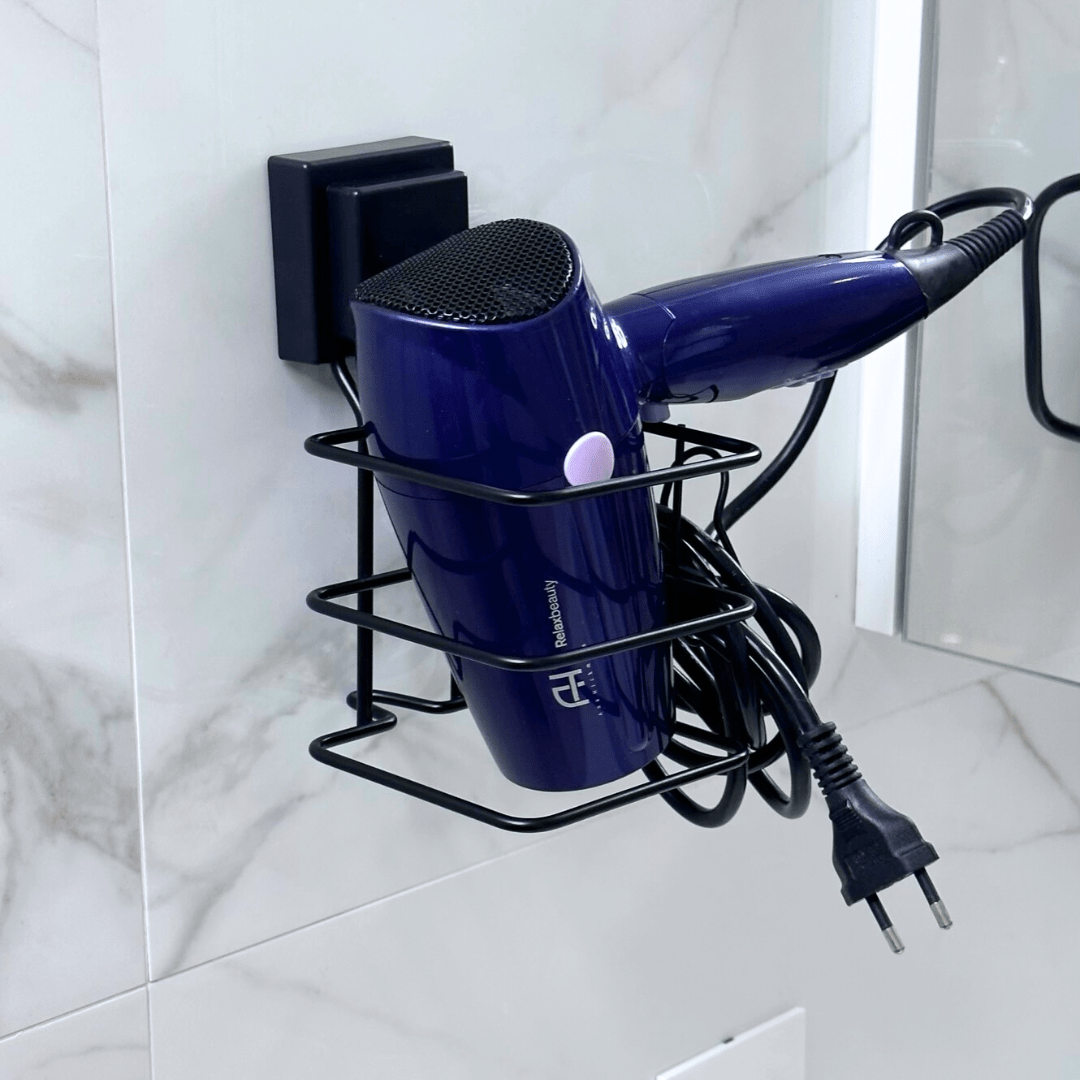 Suporte para Secador de Cabelo Fixação Ventosa Preto - Ela Decora