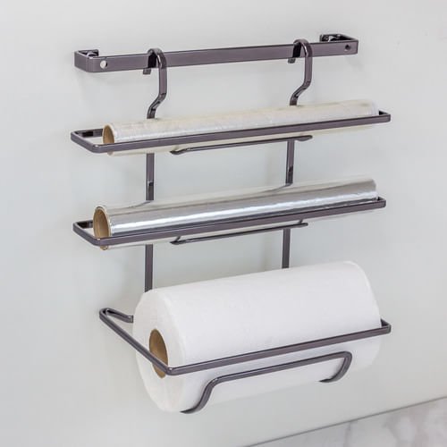 Suporte Porta Rolos Triplo Papel Toalha Alumínio e PVC Para Barra Luxo Ônix - Ela Decora