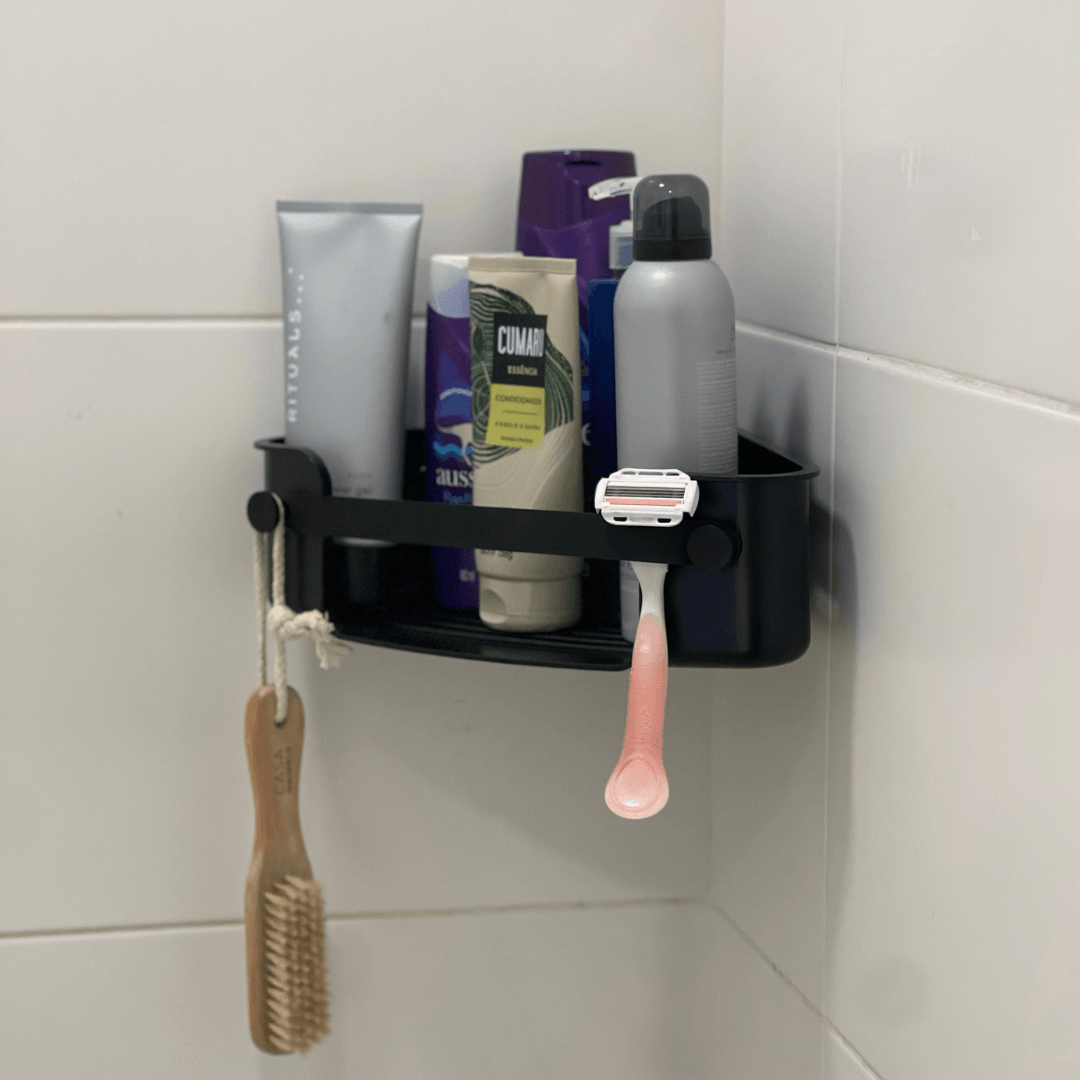 Suporte Porta Shampoo Cantoneira com Ventosa Preto - Ela Decora