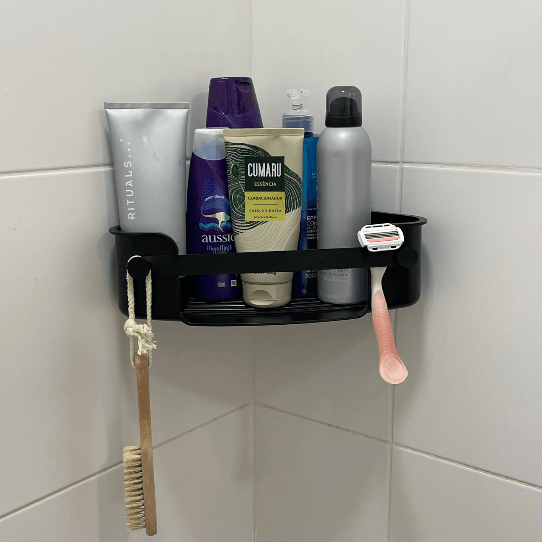 Suporte Porta Shampoo Cantoneira com Ventosa Preto - Ela Decora