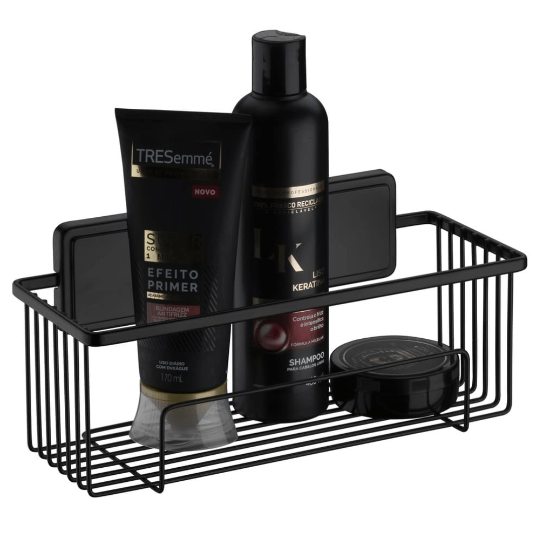 Suporte Porta Shampoo Fixação por Adesivo Preto Fosco 28cm - Ela Decora