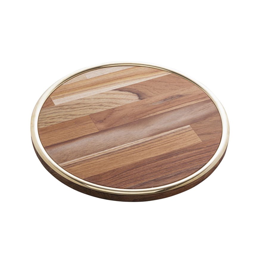 Tabua de Madeira Teca Redonda com Cordão Dourado 34,5cm - Ela Decora