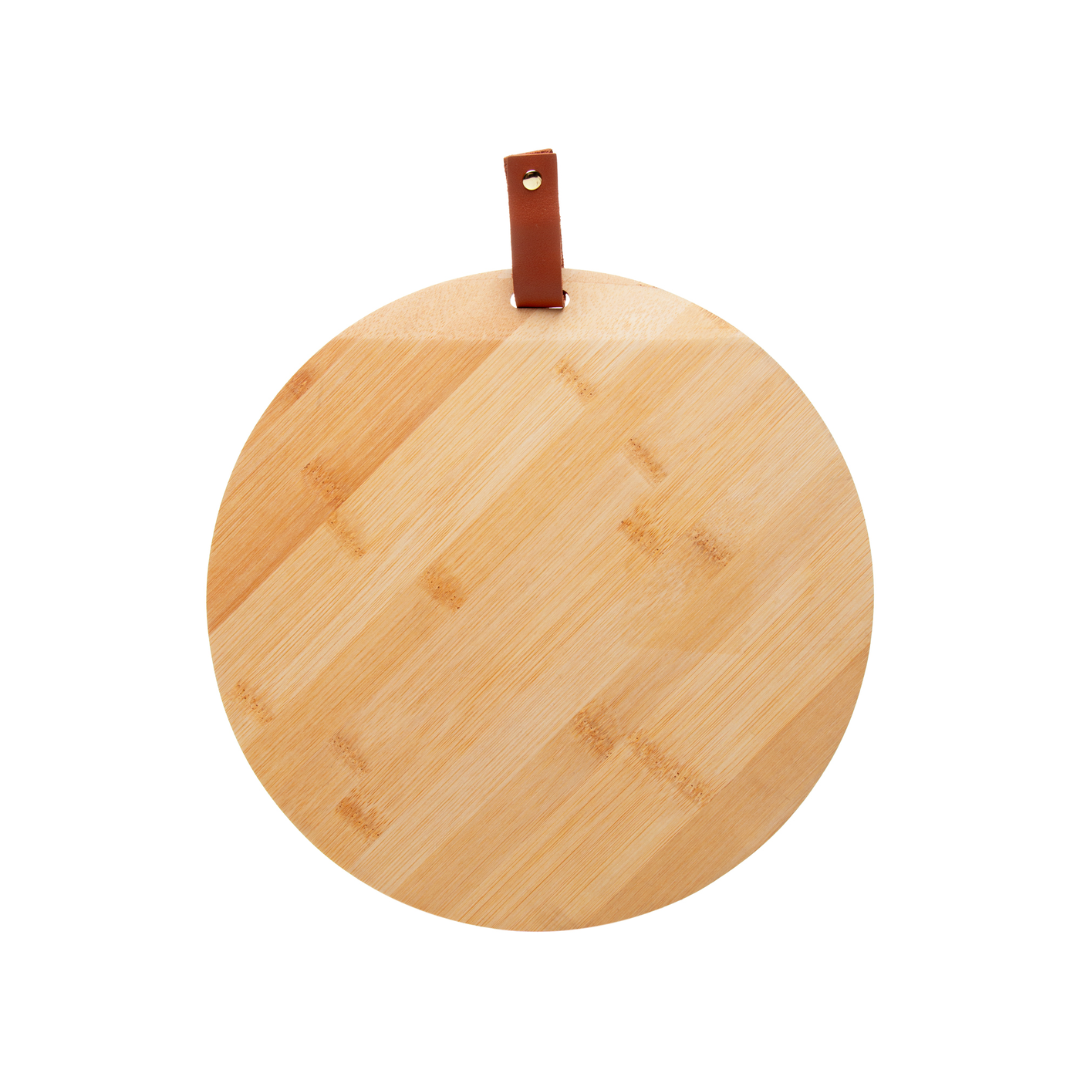 Tábua bambu circular alça couro marrom fundo branco