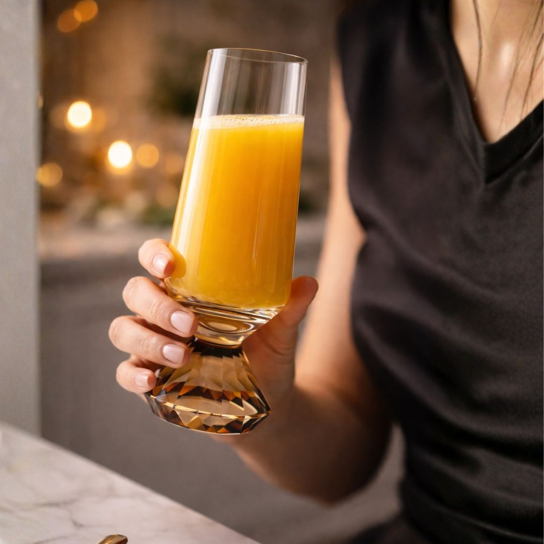 taca copo de vidro champanhe base ambar com suco laranja em ambiente festivo