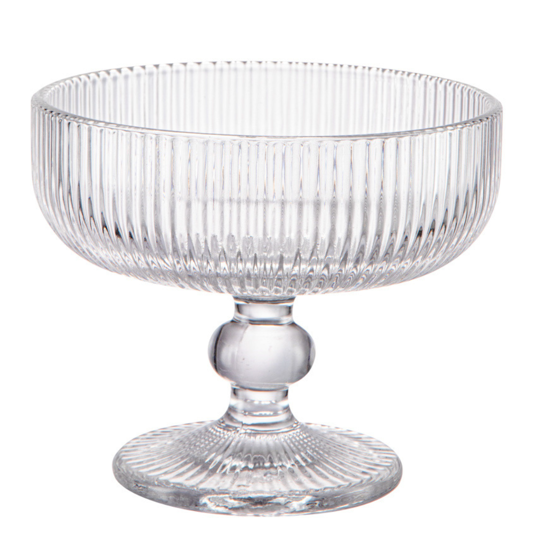 Taça sobremesa 310ml vidro transparente com base e haste trabalhada