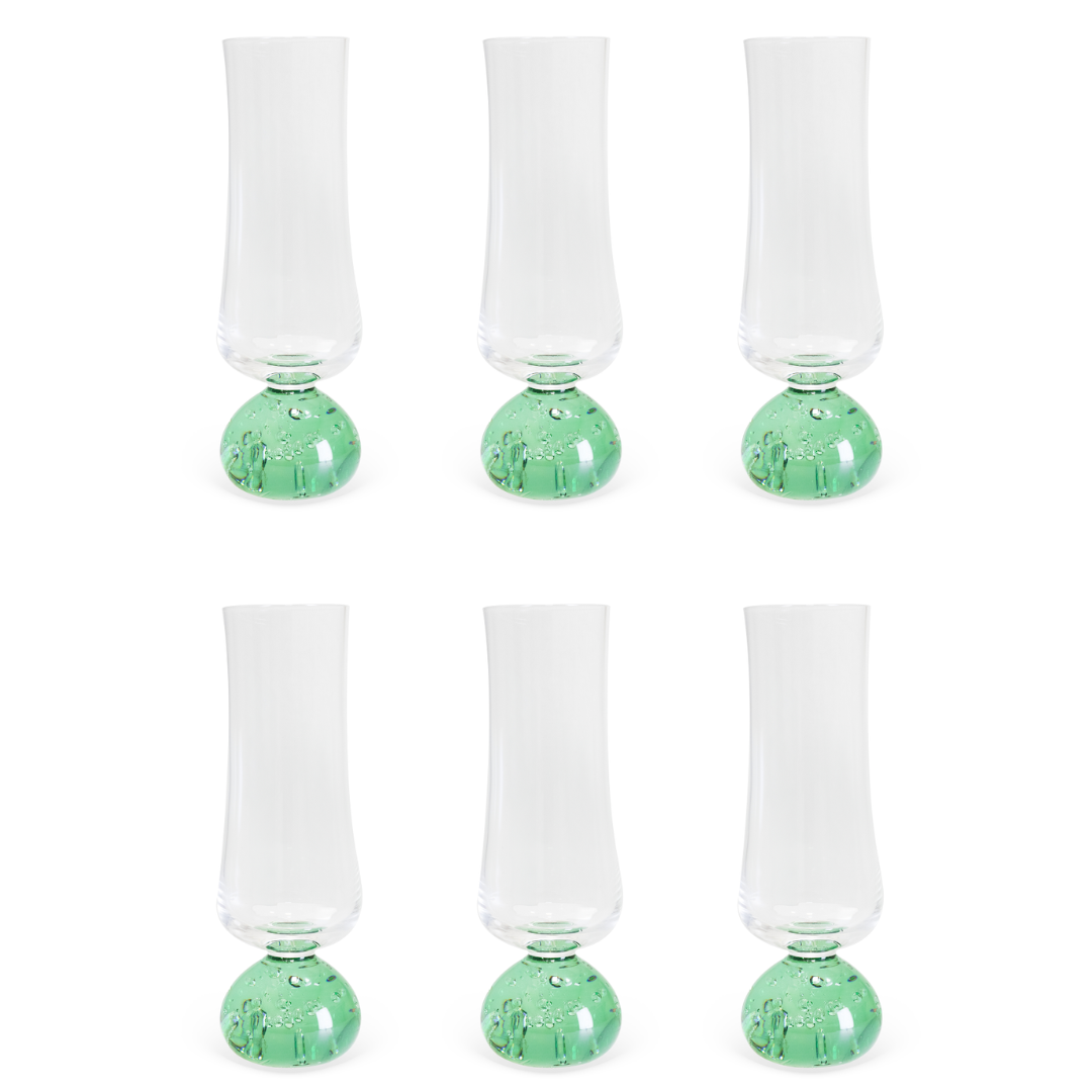 Jogo 6 Taças Champanhe Base Esfera Verde e Transparente 240ml