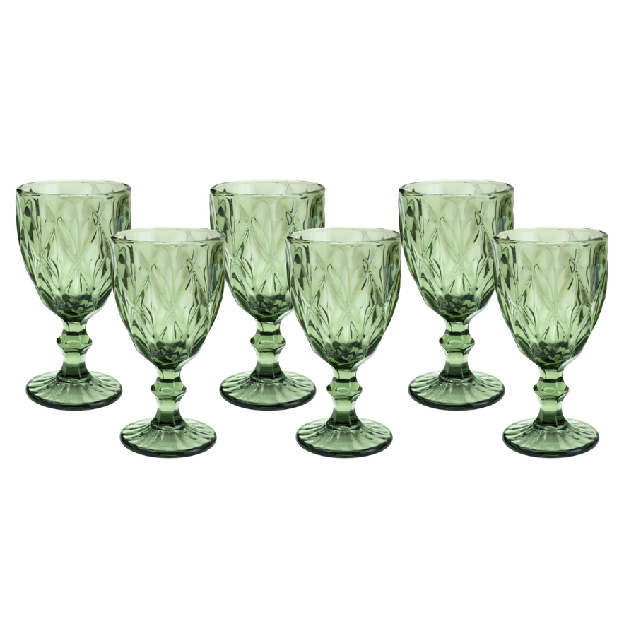 Kit seis tacas de vidro diamond verde com haste e base redonda