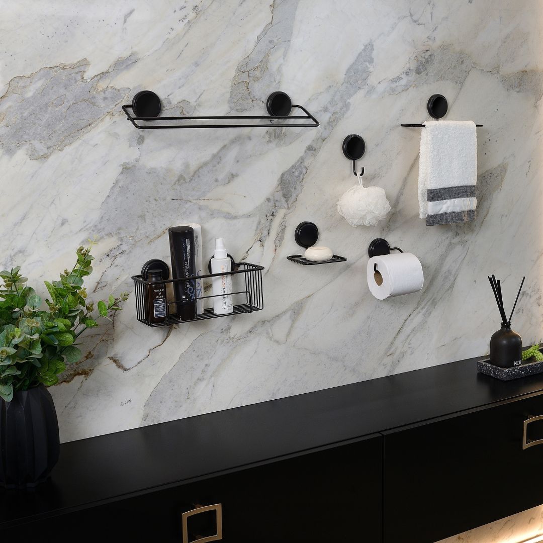 Toalheiro Duplo Banheiro Fixação por Adesivo Preto Fosco 45cm - Ela Decora