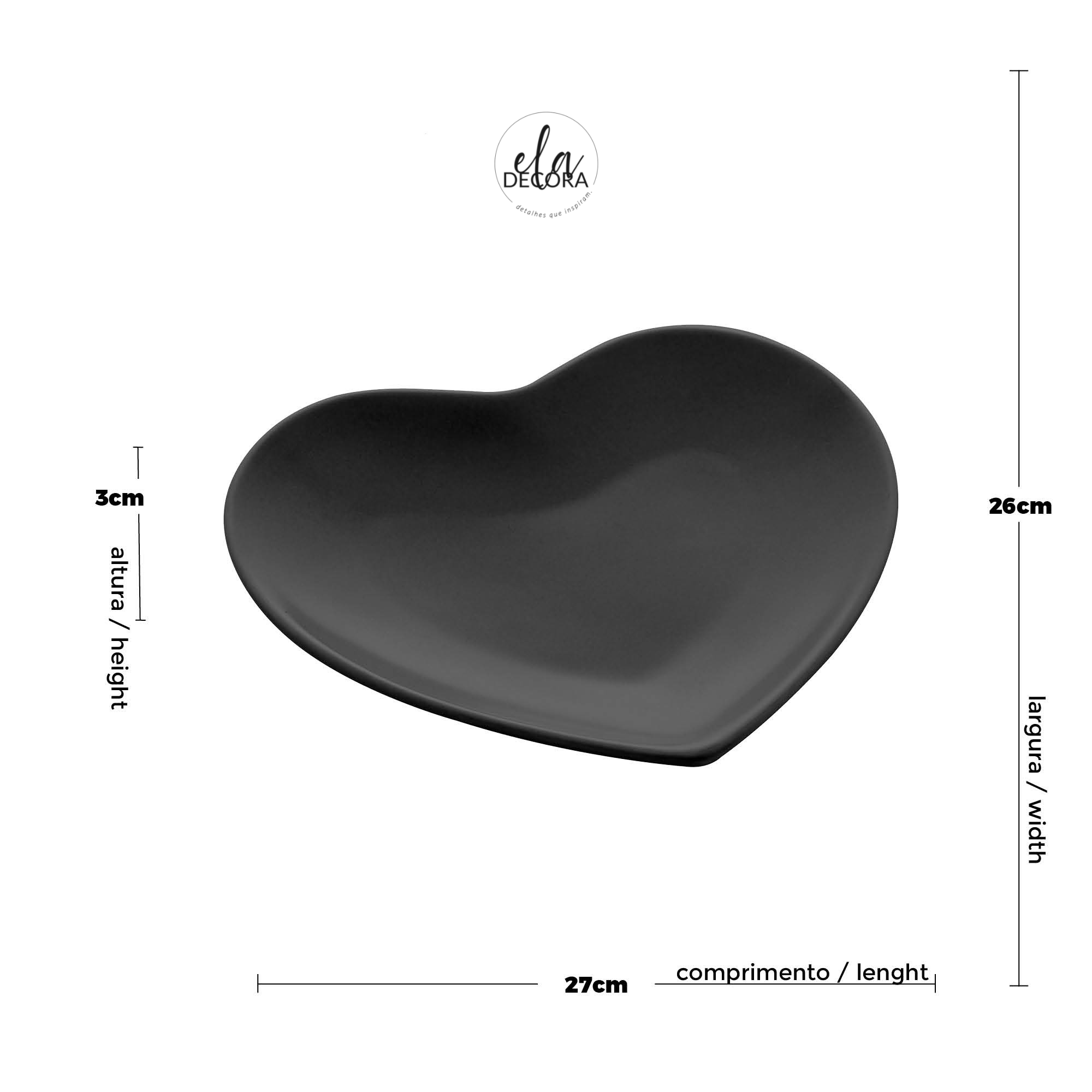 Travessa Coração Decorativo de Cerâmica Heart Preto 27cm - Ela Decora
