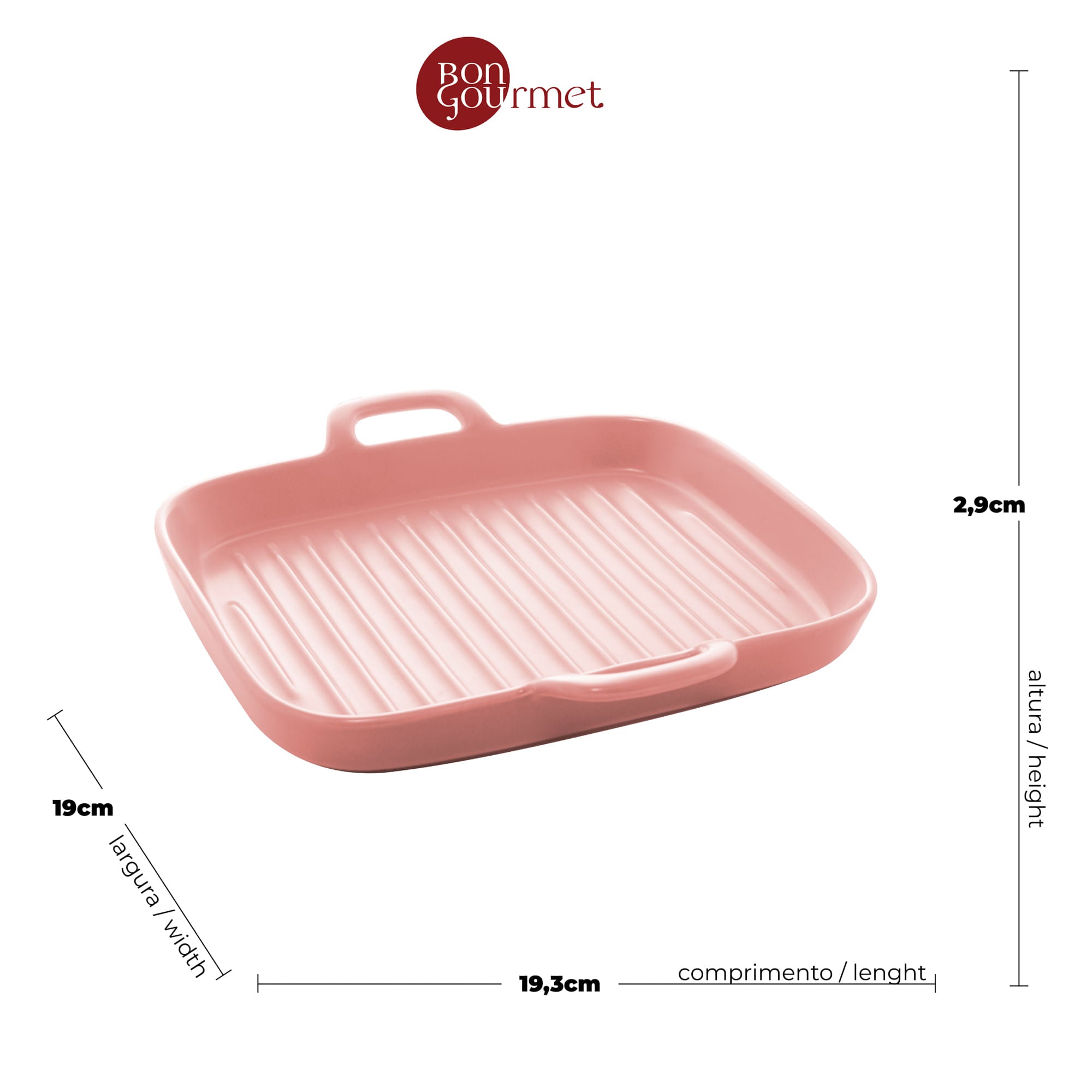 Travessa Grill Porcelana com Alças Nordica Rosa Matt - 19 cm - Ela Decora