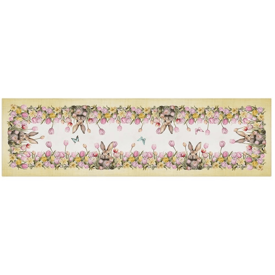 Trilho de Mesa Flores Coelho de Páscoa Branco e Amarelo 1,41M x 43cm - Ela Decora