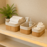 Conjunto 3 Cestos Retangulares de Bambu com Forro de Tecido