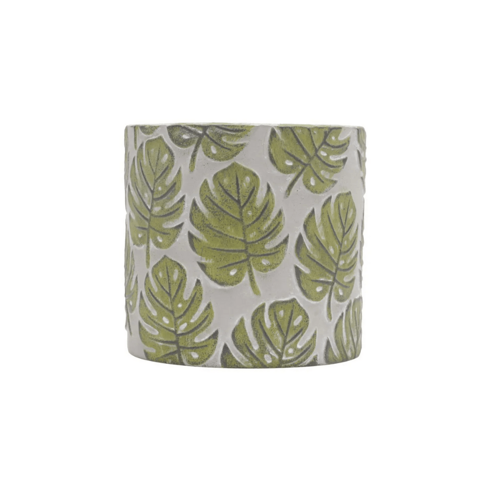 Vaso Cachepot Cerâmica Cinza Folhas Verdes Costela De Adão - 12 cm - Ela Decora