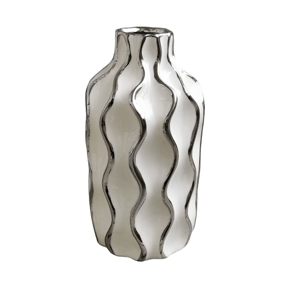Vaso Cachepot de Cerâmica Branco com Desenhos Geométricos Prata - 26 cm - Ela Decora