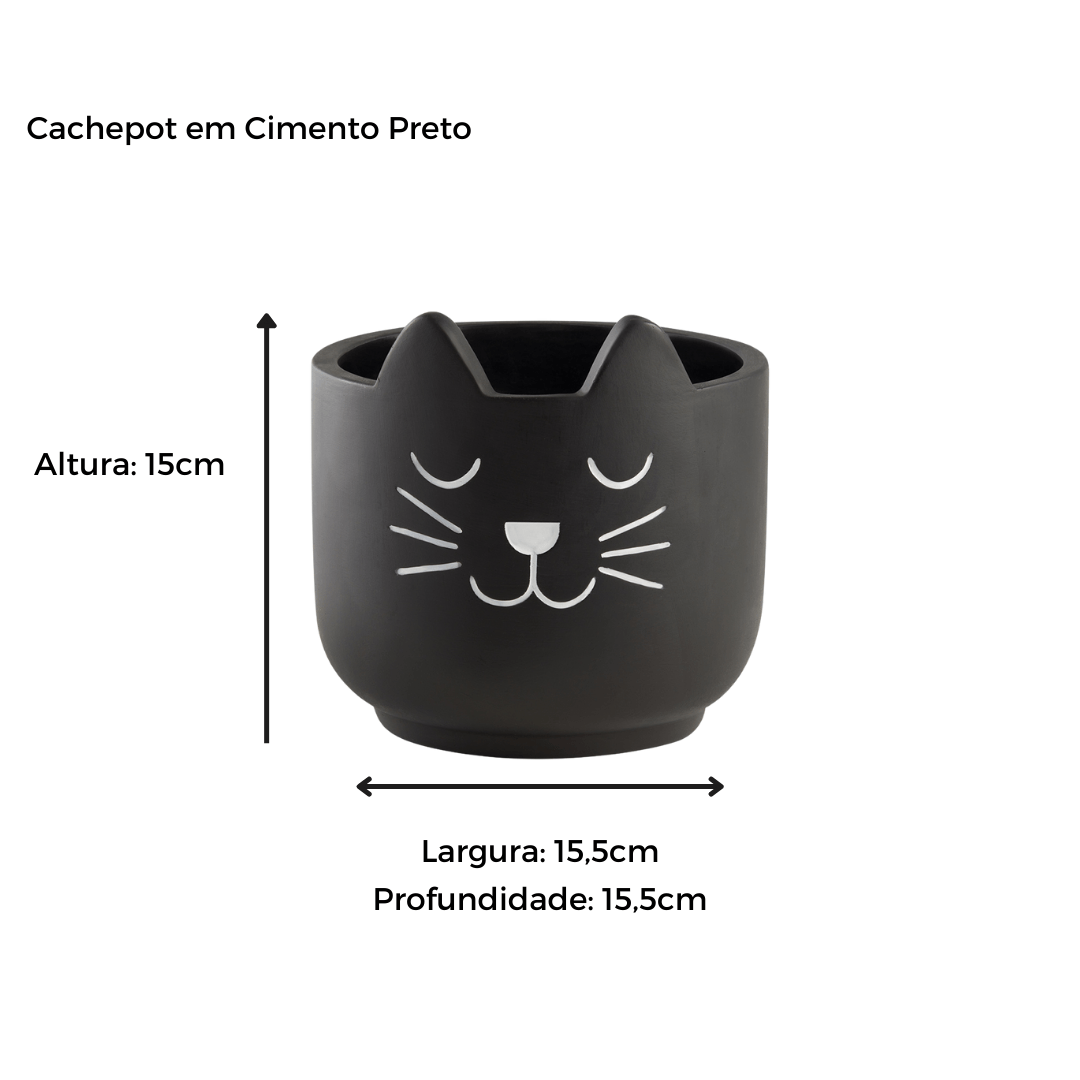 Vaso Cachepot Gato em Cimento Preto 15,5cm - Ela Decora