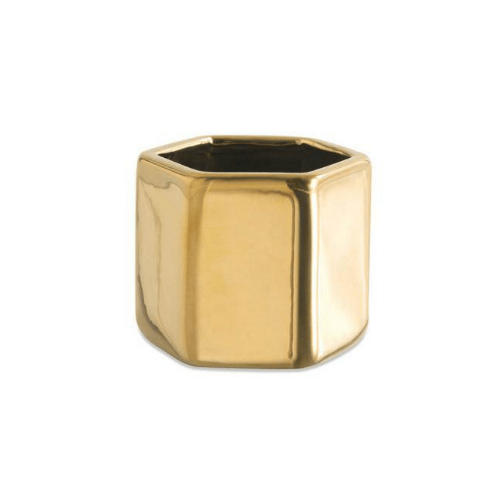 Vaso Cachepot Hexágono Porta - Velas Em Cerâmica Dourado - 6 x 7 cm - Ela Decora