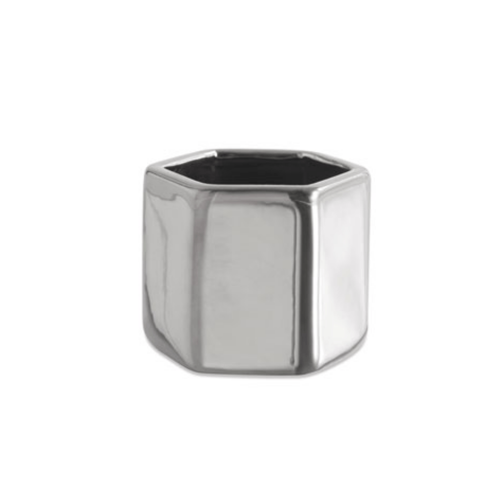 Vaso Cachepot Hexágono Porta - Velas Em Cerâmica Prata - 6 x 7 cm - Ela Decora