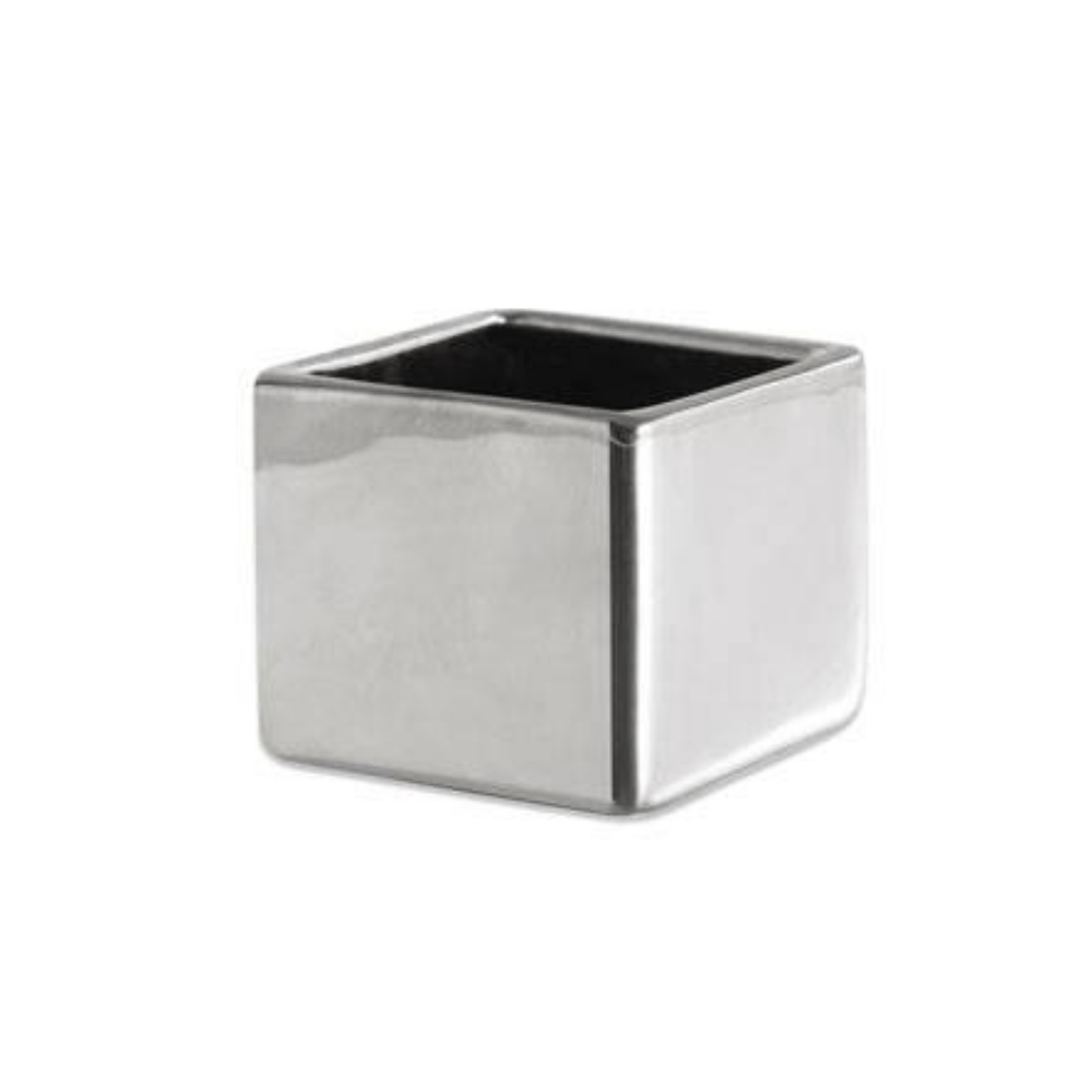 Vaso Cachepot Quadrado Porta - Velas Em Cerâmica Prata - 6 x 7 cm - Ela Decora