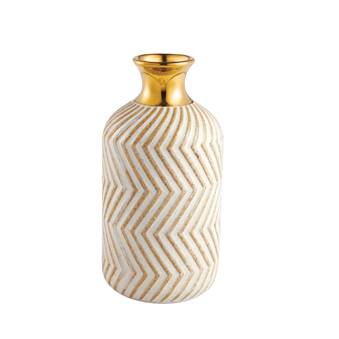 Vaso em Cerâmica com Ranhuras Bege e Dourado 14cm - Ela Decora