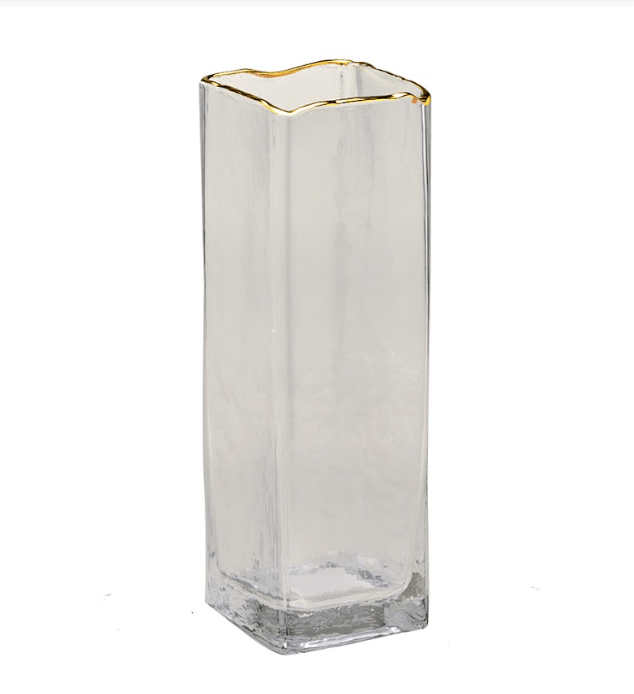 Vaso Quadrado Transparente com Borda Dourada 25,5cm - Ela Decora