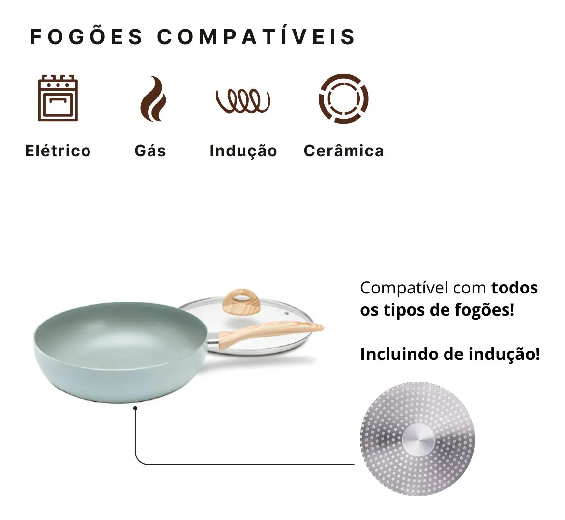 Panela Wok com Tampa Fundo de Indução Botanika Verde 3,4 Litros