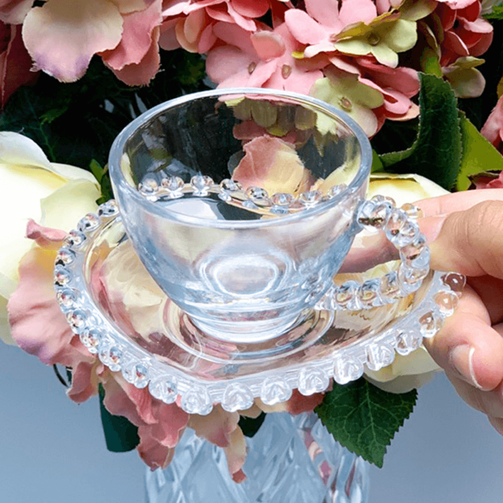 Xícara de Café com Pires de Cristal de Chumbo Borda Coração 80ml - Ela Decora