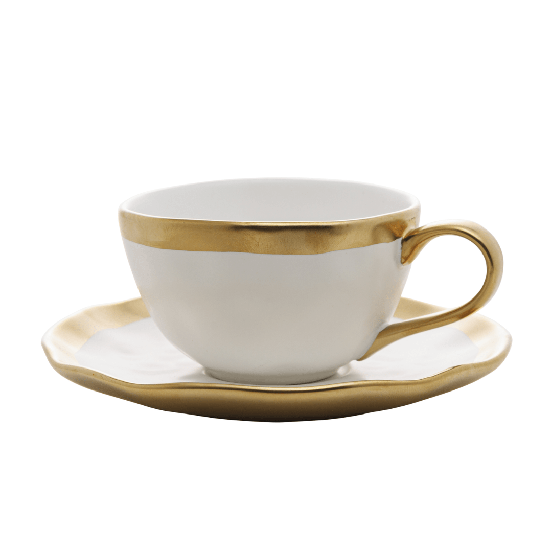 Xícara de Café com Pires em Porcelana Dubai Branco e Dourado 90ml - Ela Decora