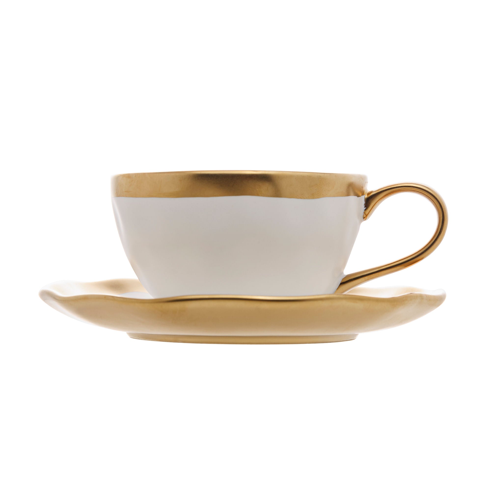 Xícara de Café com Pires em Porcelana Dubai Branco e Dourado 90ml - Ela Decora